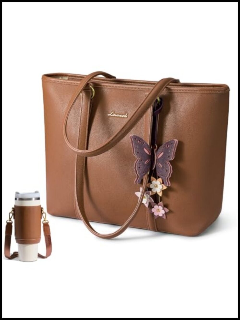 Vegan Leather Tote Bag Top Handle Satchel Shoulder Purse with Water Bottle
